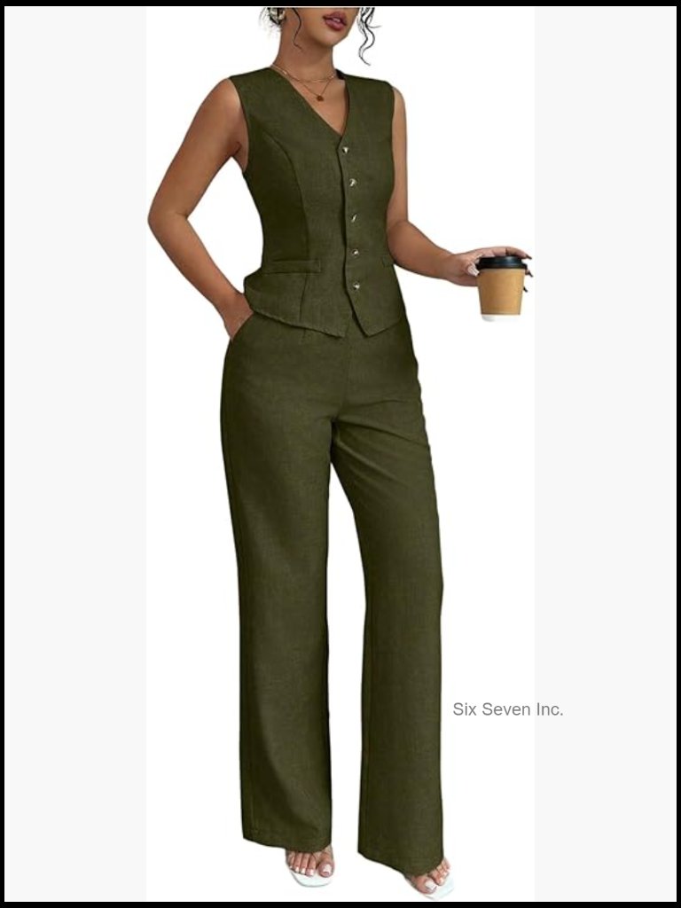 2 Piece Vest Top And Pants Set Office Work Suit Sleeveless Slim Fit
